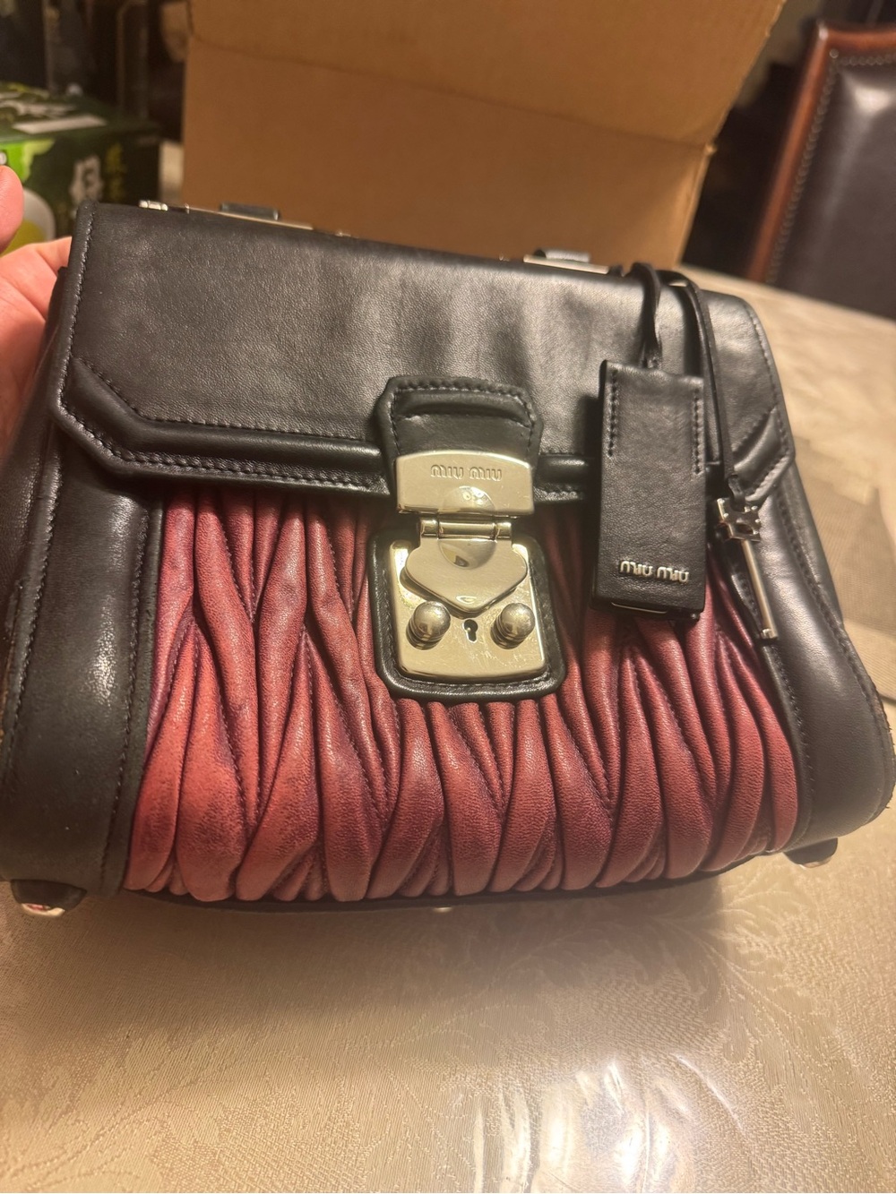 Auth Miu Miu Black Burgundy Matelasse Nappa Leather Top Handle Bag + COA